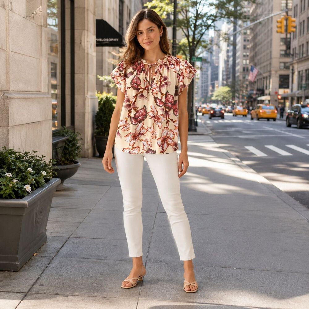 PHILOSOPHY Women’s New Top Blouse SMALL Petite Floral Print Multicolor Tie Neck